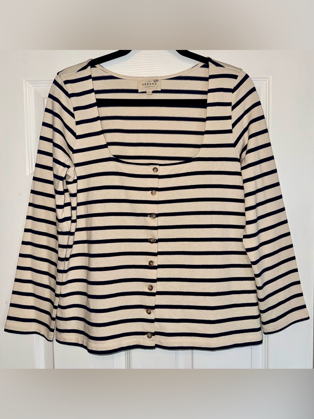 SEZANE Navy Cream LINEA MARINIERE Sailor Button Square Neck Sweater Knit Top M